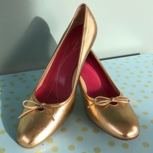 Kate Spade Dainty Gold Leather Low kitten Heel Bow Pumps 8.5 8 1/2